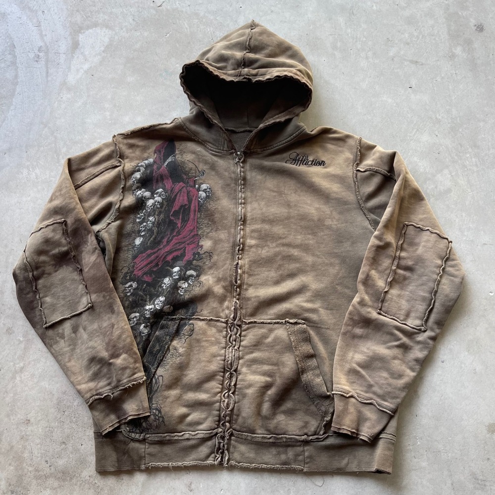 Affliction Mens Grim Reaper Skull Graphic Zip Up Hoodie Brown Distressed XL